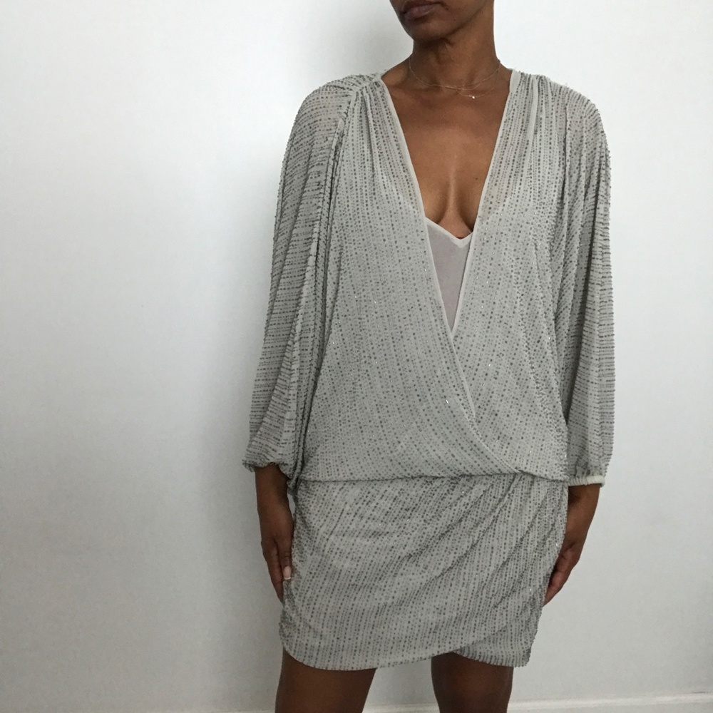 FREE PEOPLE DRAPED SILVER  DRESS HAND BEADED GRAY BATWING LONG SLEEVE LARGE